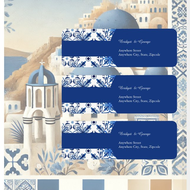 Etiqueta Santorini Blue Mediterranean Weding address (Criador carregado)