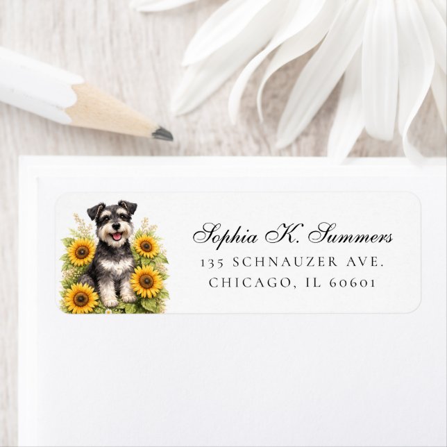 Etiqueta Schnauzer and Sunflowers Personalized Address (Insitu)
