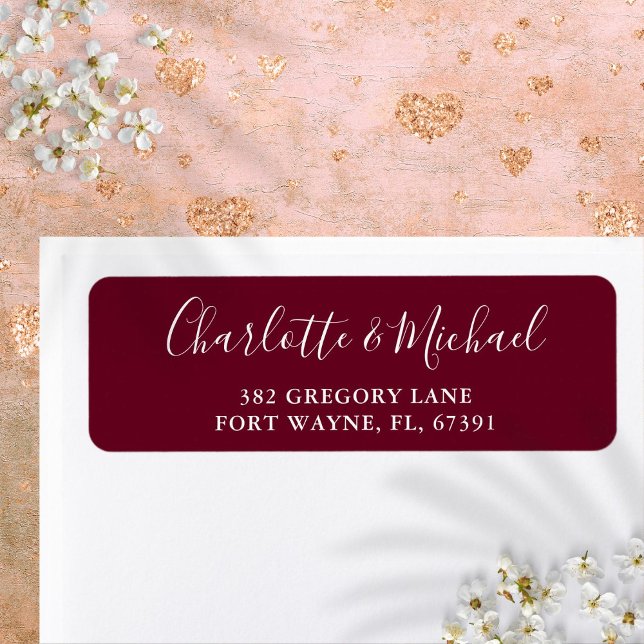 Etiqueta Script Burgundy Casamento Endereço de Devolução (Signature Script Burgundy Wedding Return Address Label)