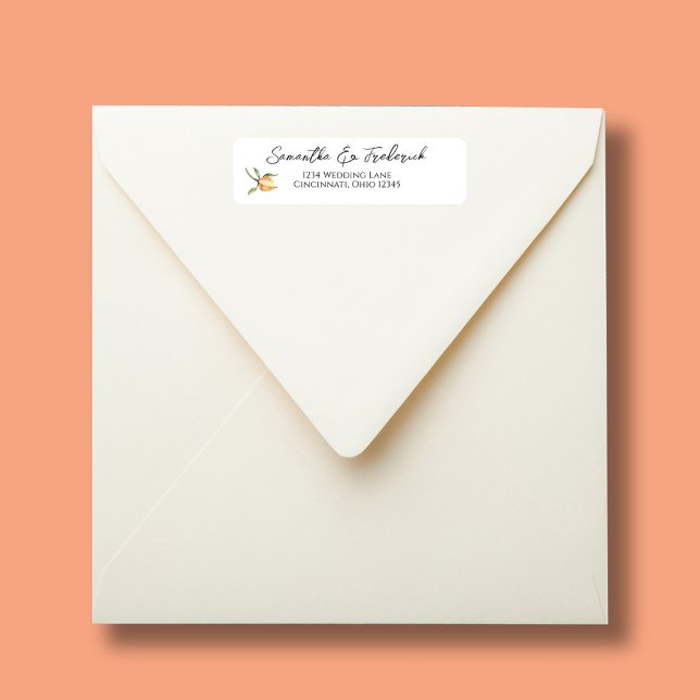 Etiqueta Script de Caligrafia de Casamento Elegante (Peach floral wedding return address labels.)