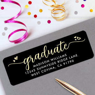 Etiqueta Script de Graduação Dourada Preto Corações Endereç