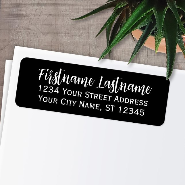 Etiqueta Script Elegante branco preto simples - Endereço de (Personalized Return Address Labels - Fun, modern fonts)