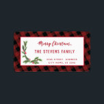 Etiqueta Script moderno Merry Christmas red xadrez holly La<br><div class="desc">guião moderna xadrez de Natal Feliz. Design profissional moderno e atraente com o toque contemporâneo. Um toque de elegância e estilo.Personalize com os detalhes do seu monograma inicial,  nome e endereço.</div>