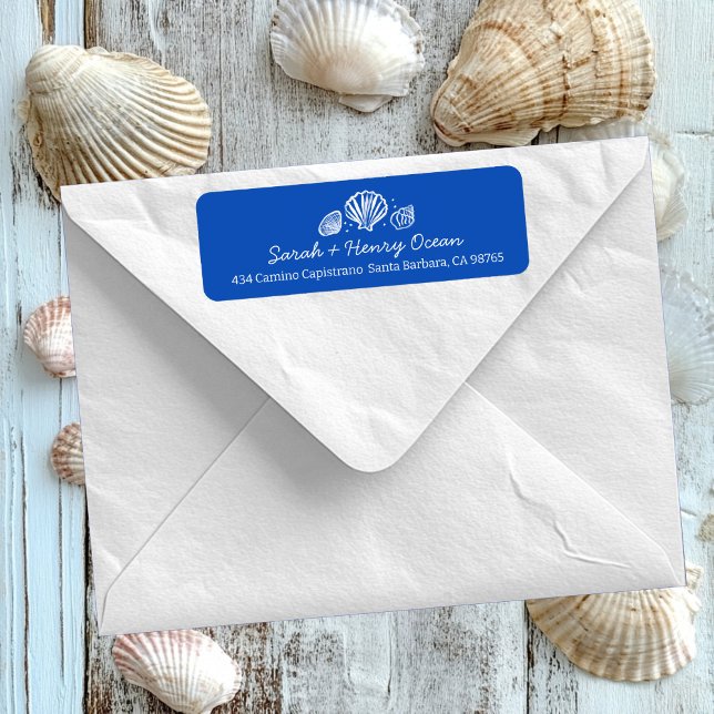 Etiqueta Seashells Beach Wedding Blue White CUSTOM Address (Seashells Beach Wedding Blue White CUSTOM Return Address Label
)