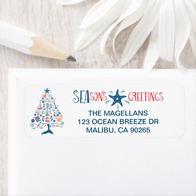Etiqueta SEAsons Greetings Nautical Christmas Tree Address (Insitu)