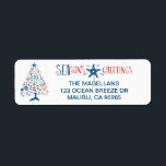 Etiqueta SEAsons Greetings Nautical Christmas Tree Address<br><div class="desc">Beach inspired Christmas return address labels feature a pattern of tropical fish,  lighthouse,  whale tail,  seashell,  starfish,  crab,  sand dollar,  sailboat,  seahorse and captain's wheel in the shape of a Christmas tree with "SEAson's Greetings" in a cool nautical font. Original artwork KL Stock.</div>