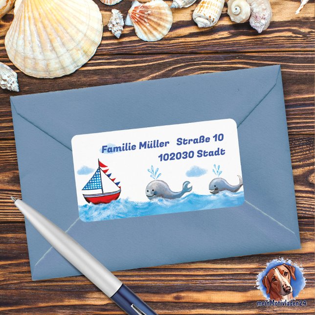 Etiqueta Segelboot & Wale - handgemalt | maritimer (maritimer Adressaufkleber mit Segelboot und Walen, Motiv liebevoll mit Acrylfarben handgemalt)