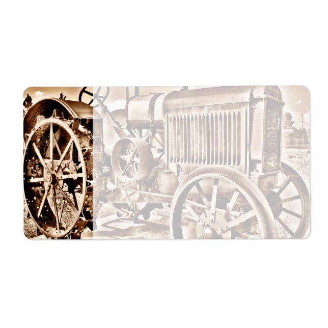 Etiqueta Sepia Clássica de Equipamento de Fazenda de Trator (Frente)