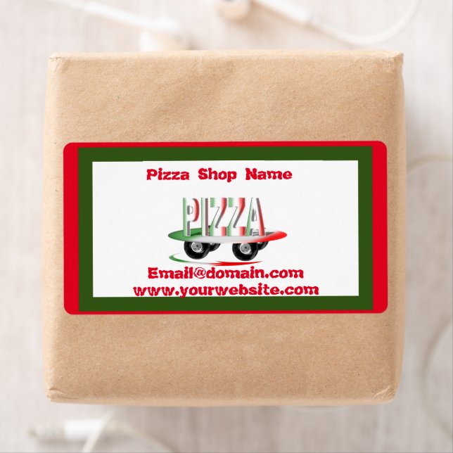 Etiqueta Serviço de pizza, verde vermelho, personalizado (Insitu)