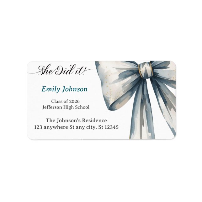 Etiqueta She did it Graduation invitation Photo Blue Bow  (Frente)