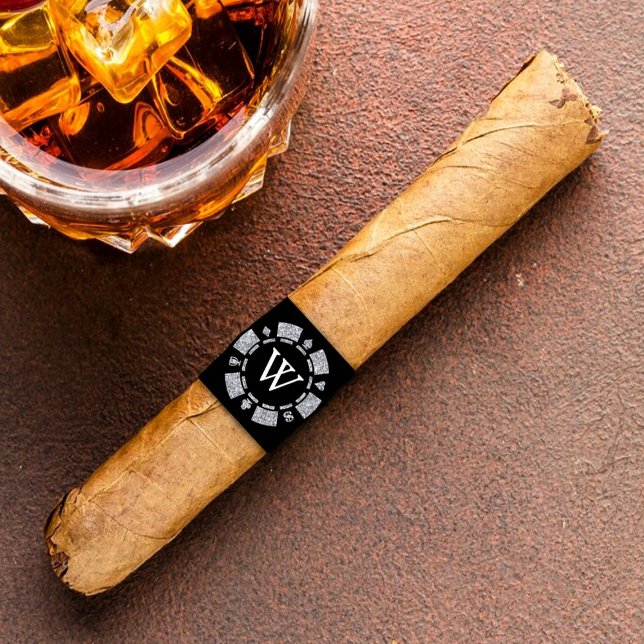 Etiqueta Silver Glitter Monograma Poker Chip Casino Cigarro (Criador carregado)