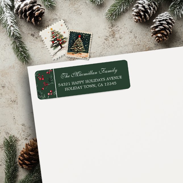 Etiqueta Simples Natal Aquarela Verde Botânico Escuro (Simple Christmas Watercolor Botanical Dark Green Return Address Labels)