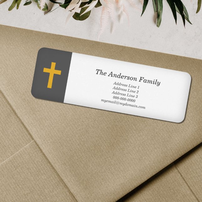 Etiqueta Simples, preto com um endereço Dourado de retorno  (Simple, Black with a Gold Cross Return Address Label)