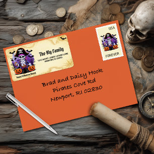 Etiqueta Skeleton pirata Feliz Matey de Halloween