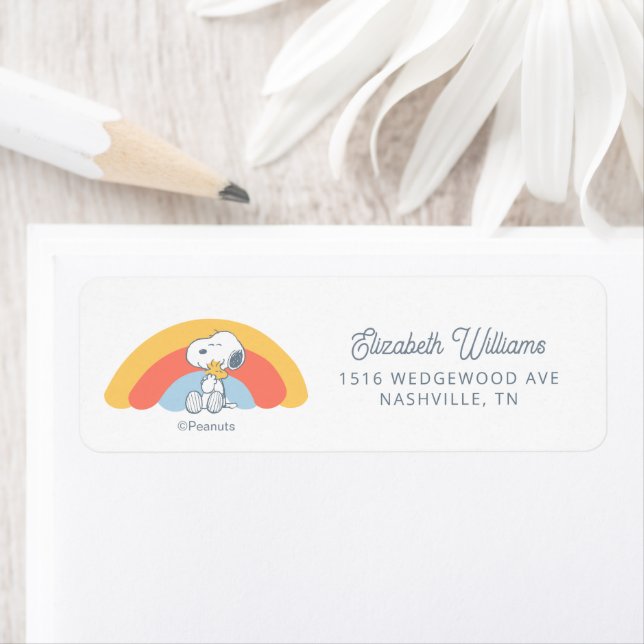Etiqueta Snoopy & Woodstock Rainbow Baby Shower Label (Insitu)