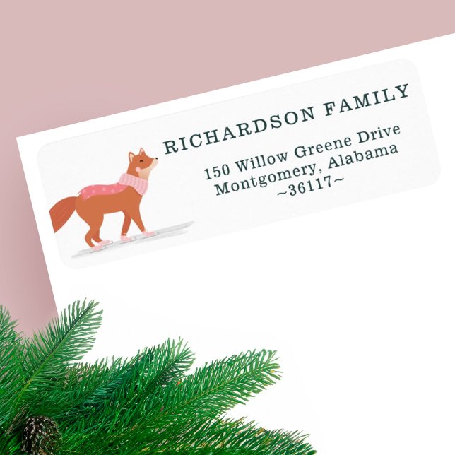 Etiqueta Solha Cura, Fox Ice, Fox Ice, Endereço (Cute Woodland Winter Fox Ice Skating Address Label)