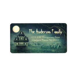 Etiqueta Spooky Halloween Haunted House Moon
