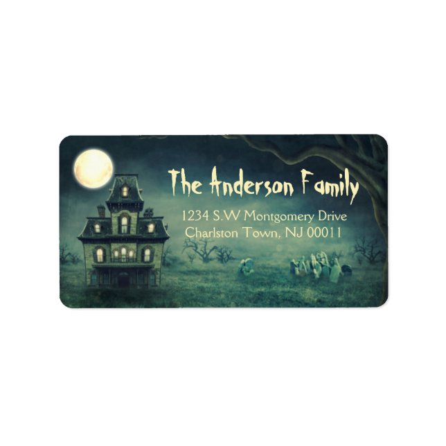 Etiqueta Spooky Halloween Haunted House Moon (Frente)