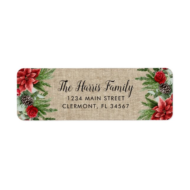 Etiqueta Spruce Pinecone e Poinsettia em Burlap (Frente)