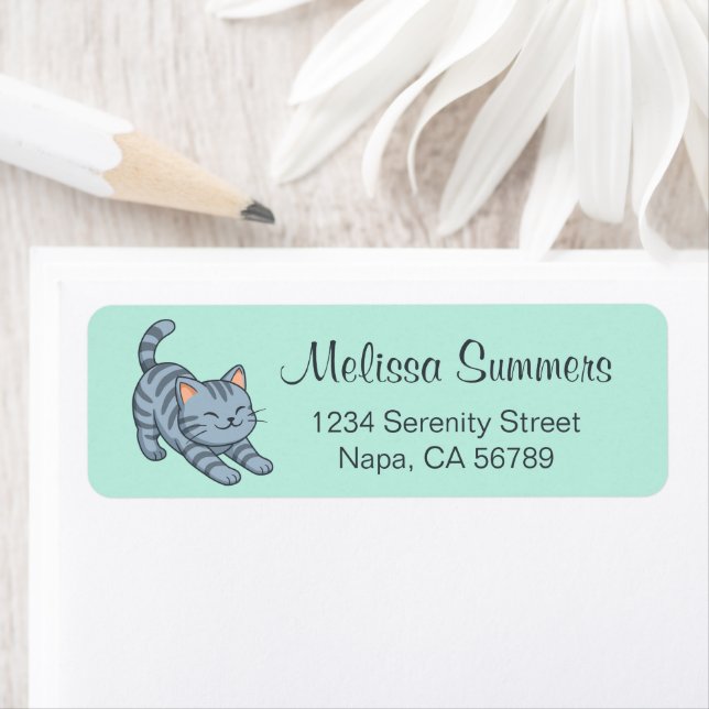 Etiqueta Stretching Grey Tabby Cat Green (Insitu)