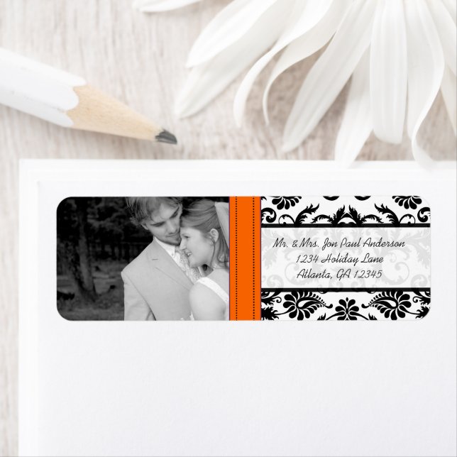 Etiqueta Sua Foto Casamento Laranja Esmagamento Damask (Insitu)