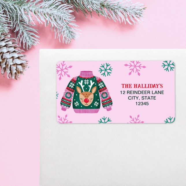 Etiqueta Suéter Feio com Reindeer e Flocos de Neve (Ugly Sweater with Reindeer and Snowflakes Label)