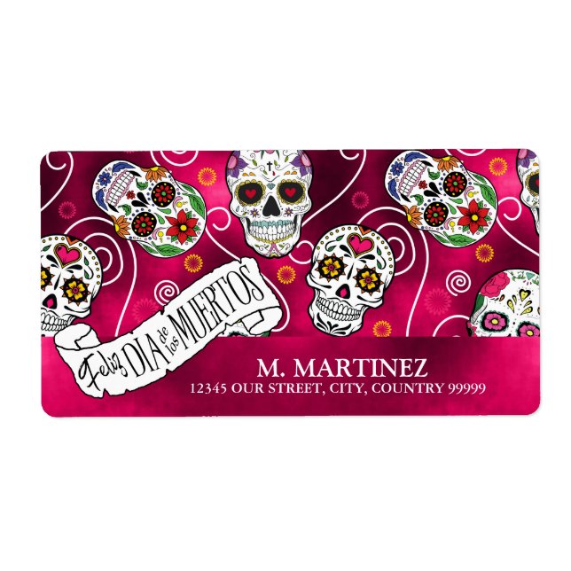 Etiqueta Sugar Skulls and Swirls Rosa Red ID725 (Frente)