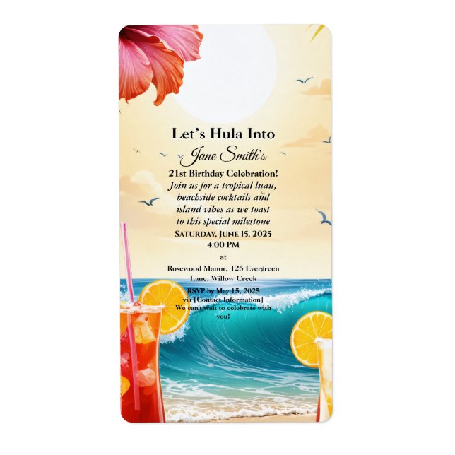 Etiqueta Summer Tropical Luau Beach Party aniversário de 21 (Frente)