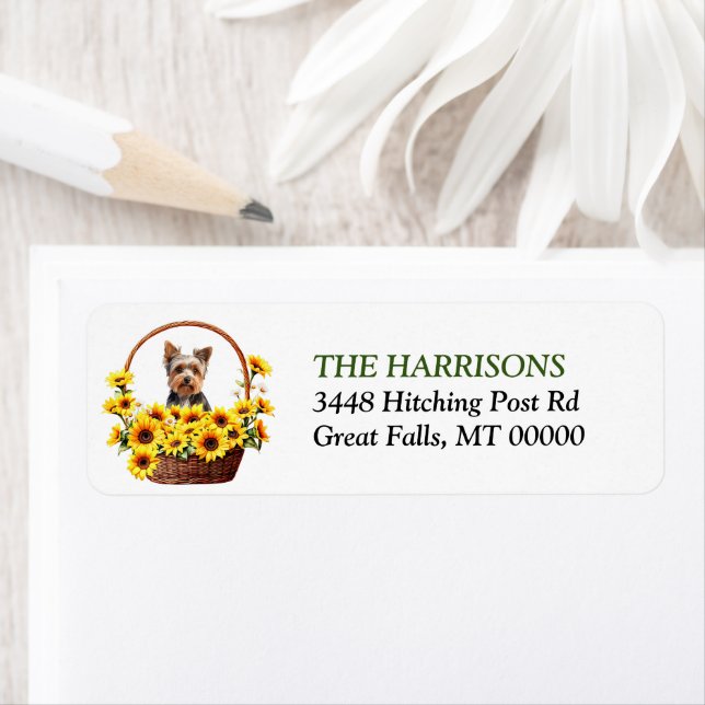 Etiqueta Sunflower Basket Yorkshire Terrier Dog (Insitu)