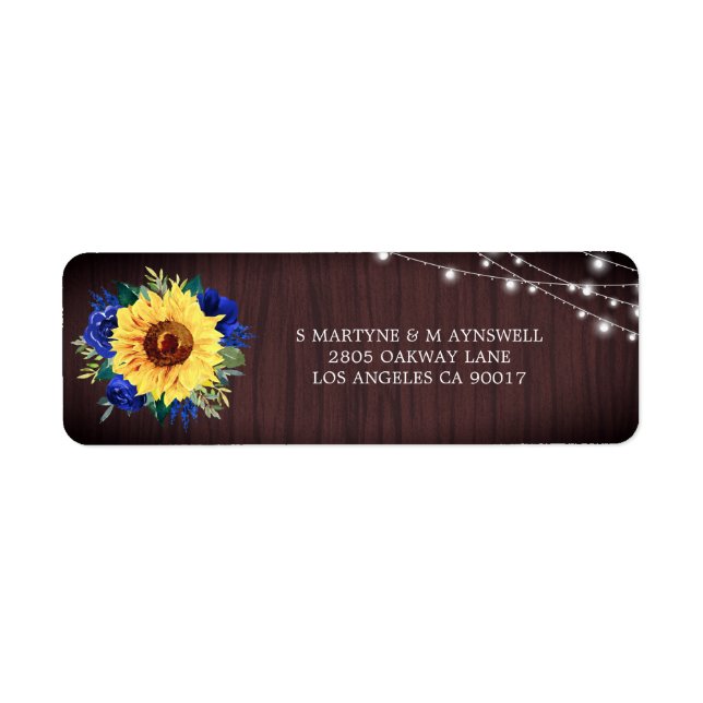 Etiqueta Sunflower Blue Floral Rustic Luzes Wood Casamento (Frente)