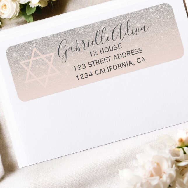 Etiqueta Taco mitzvah rosado com brilho prateado (Silver glitter blush pink girly bat mitzvah label)