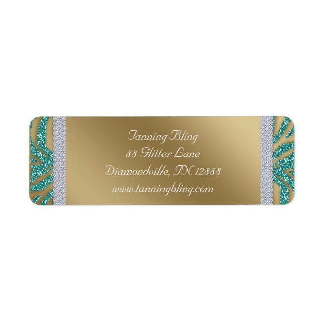 Etiqueta Tanning Salon Glitter Zebra Teal Dourada (Frente)
