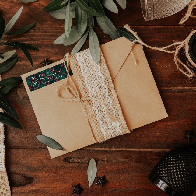 Etiqueta Tartan verde e rosa | Natal do Monograma Personali (Criador carregado)