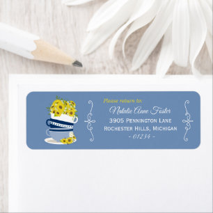 Etiqueta Tea Cups Empilhados Girassóis Solo Endereço De R