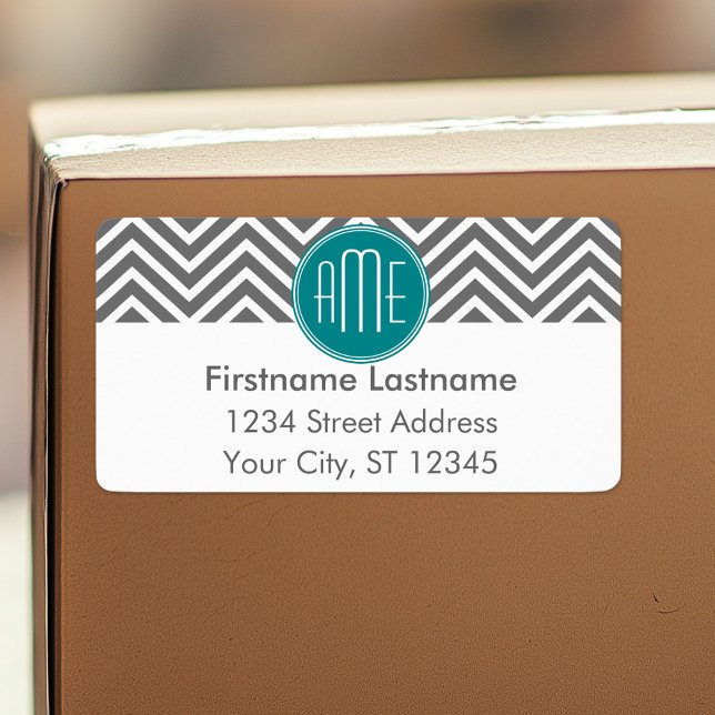 Etiqueta Teal Charmala Chevrons Monograma Personalizado (Personalized return address label)