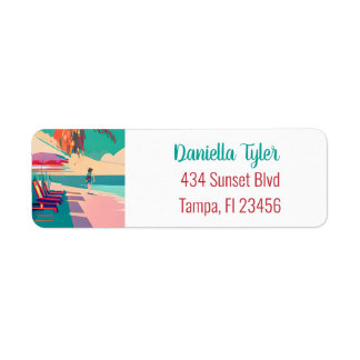 Etiqueta Teal e Coral Sandy Beach Person Walking