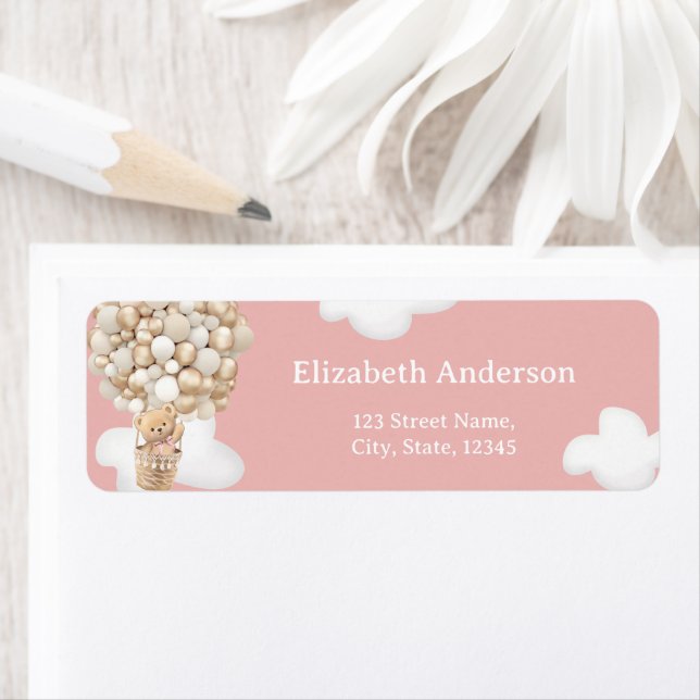 Etiqueta Teddy Bear Balloons Pink Baby Shower Label (Insitu)