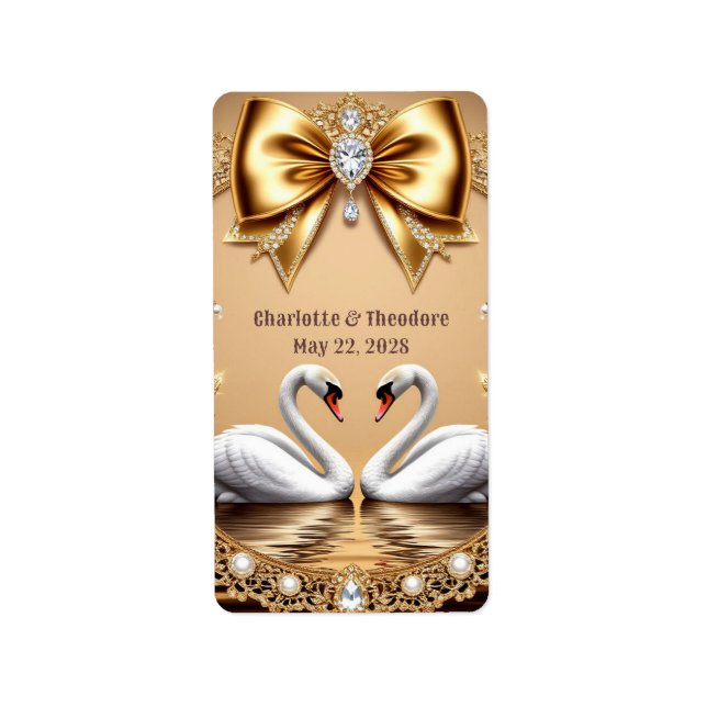 Etiqueta Tema Romântico de Casamento com Cisne Dourado 💎 � (Frente)
