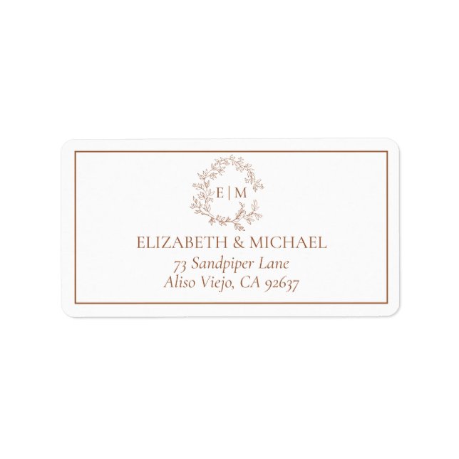 Etiqueta Terracotta Leafy Crest Monograma Endereço Caseiro (Frente)