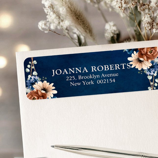 Etiqueta Terracotta Marinho Blue Greenery Casamento Geométr (Terracotta Navy Blue Greenery Geometric Wedding return address label)