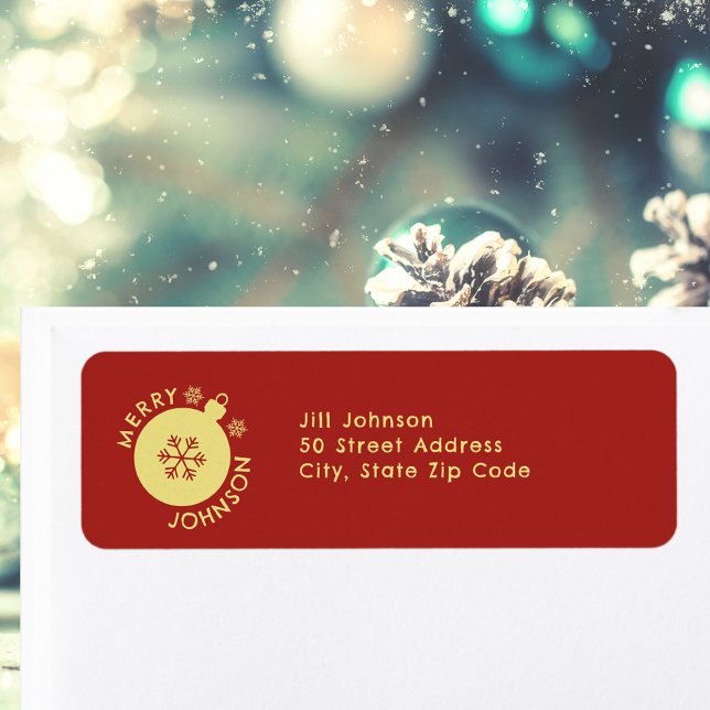 Etiqueta Texto Personalizado de Feriado de Neve Vermelho Do (Snowflake Holiday Custom Text Red Gold Label)