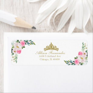 Etiqueta Tiara Dourada de Quinceanera Floral Rosa Intenso