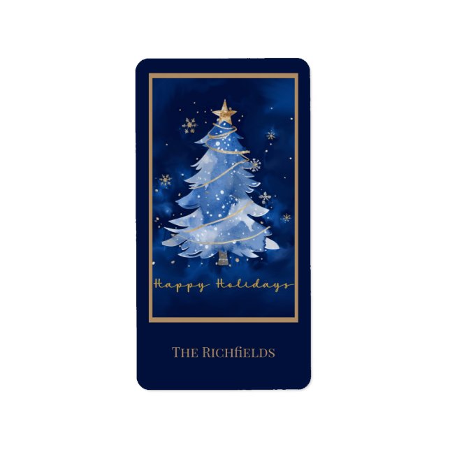 Etiqueta Title: Happy Holidays Elegant Navy Gold Christmas  (Frente)