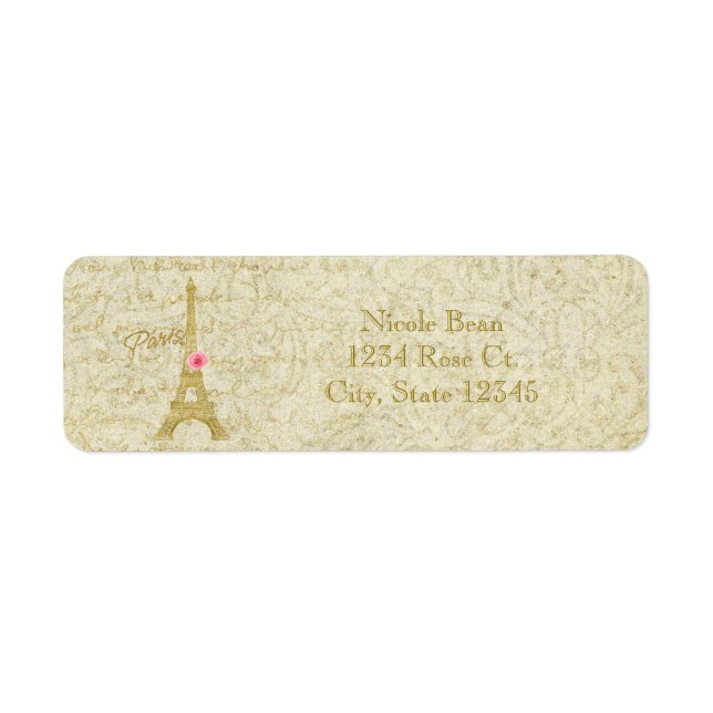 Etiqueta Torre Eiffel Paris Dourado & Rosa Elegante Chique (Frente)