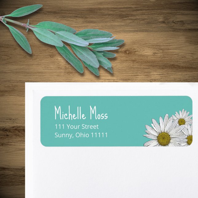 Etiqueta Trendy Daisies Boho Teal Green Address (Criador carregado)