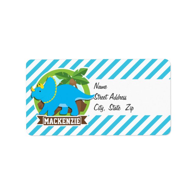 Etiqueta Tricerátops Dinossaur; Sky Blue & White Strips (Frente)
