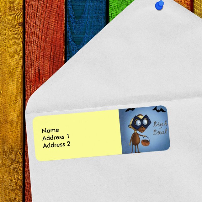Etiqueta Trick ou Treine Macacos Mascarados (Fun masked Halloween Trick or treat monkey with bats on blue and yellow return address labels.)