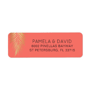 Etiqueta Tropical Dourada Palm Frond em Coral