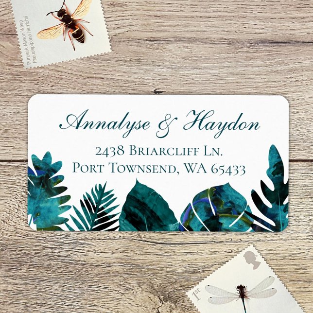 Etiqueta Tropical Teal Island deixa endereço de casamento (tropical teal green, aquamarine island palm leaves, monstera, ferns address labels for rsvp cards)
