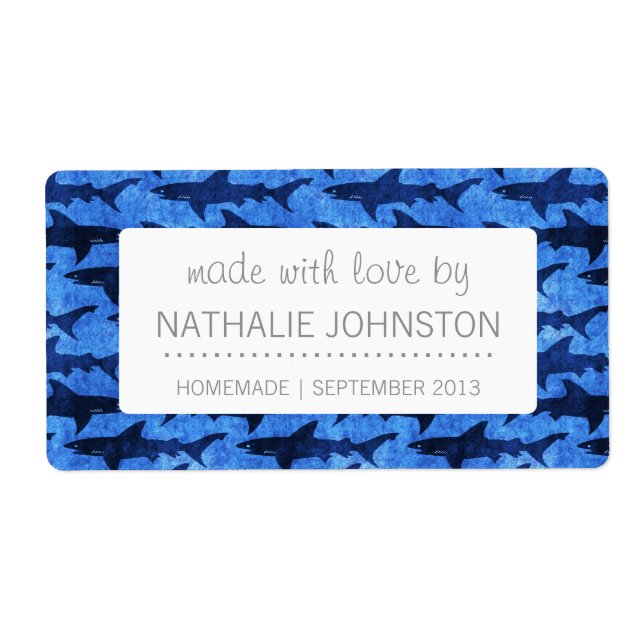 Etiqueta Tubarões no mar azul profundo (Frente)